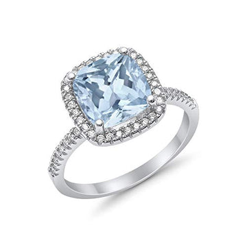 Halo Cushion Round Engagement Ring Simulated Aquamarine CZ  925 Sterling Silver